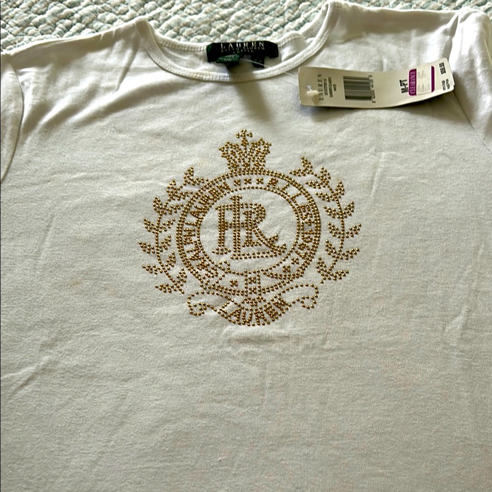 Lauren Ralph Lauren White Tee with Emblem Gold Design